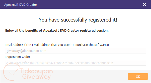 successfully registered apeaksoft dvd creator