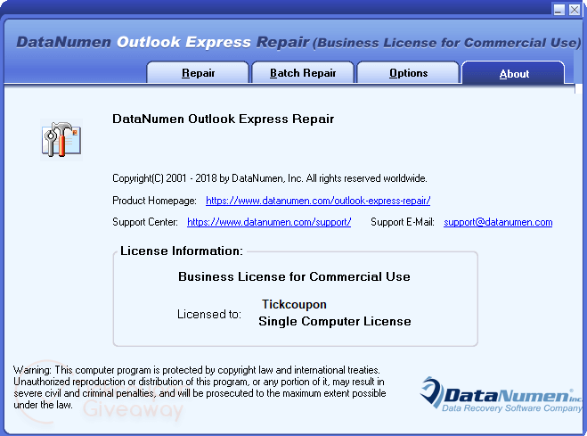 DataNumen Outlook Express Repair License Information Datanumen Outlook Express Repair License Information
