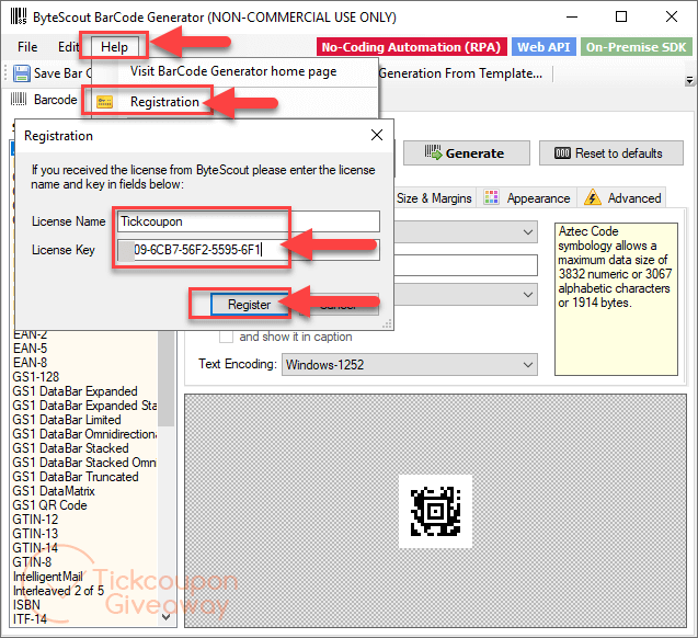 bytescout barcode generator registration