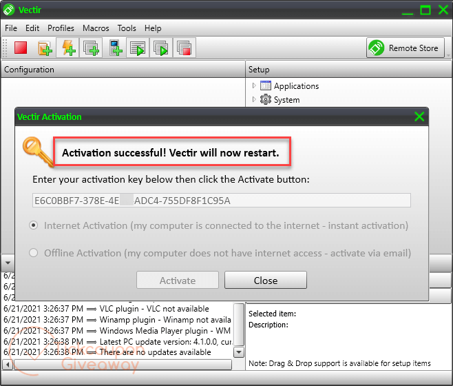 vectir remote control activation successful