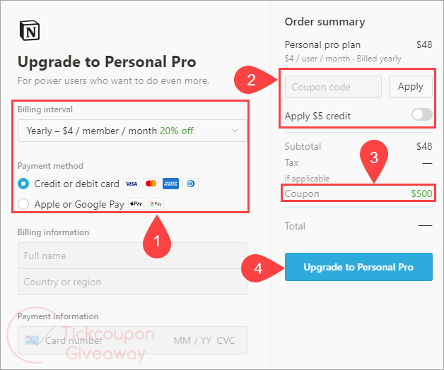 notion apply coupon code