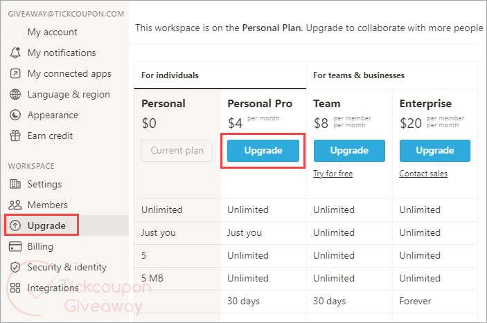 notion upgrade to personal pro