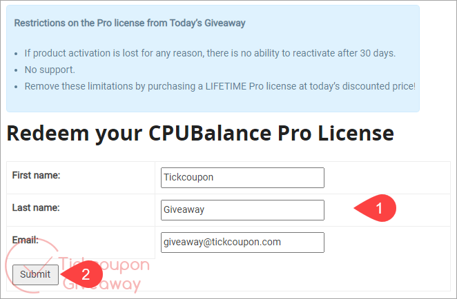 CPUBalance Pro Giveaway page