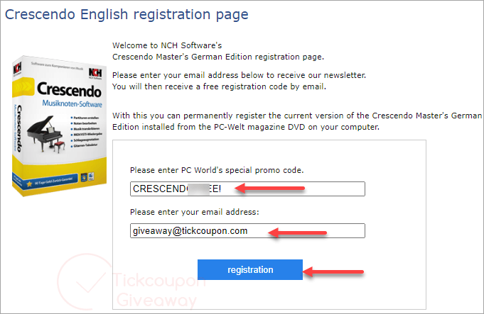 crescendo music notation software registration page