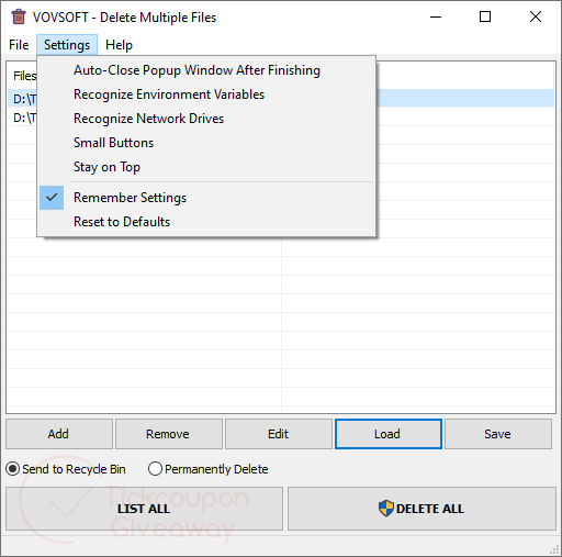 settings vovsoft delete multiple files