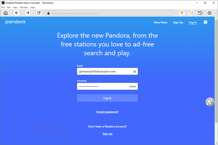 log in ondesoft pandora music converter
